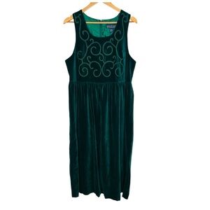 Vintage Herman Geist Embroidered Emerald Green Velvet Holiday Maxi Dress Size 12